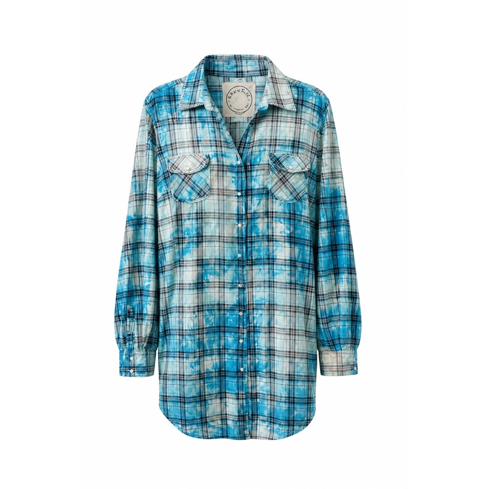 A Rare Bird Long Tunic Shirt XL Blue Plaid Rhinestone Western Artsy Handmade USA